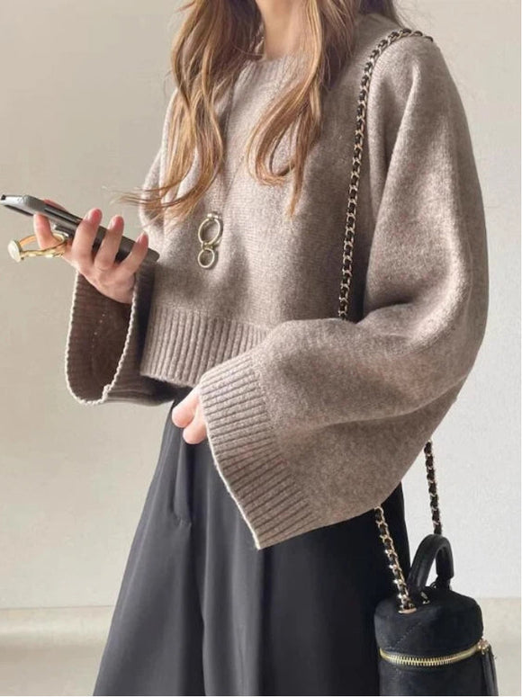 ショート丈 ニットセーター レディース 長袖 シンプル 無地 ゆったり 体型カバー トップス きれいめ カジュアル エレガント 大人女子 通勤 通学 デート おしゃれ 秋冬 暖かい 人気 新作 ID1940