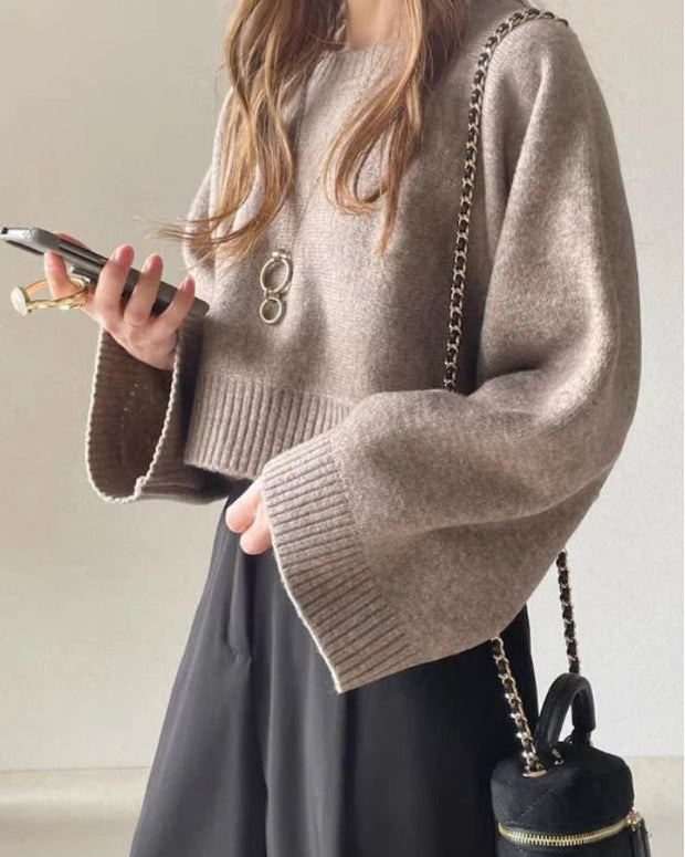 ショート丈 ニットセーター レディース 長袖 シンプル 無地 ゆったり 体型カバー トップス きれいめ カジュアル エレガント 大人女子 通勤 通学 デート おしゃれ 秋冬 暖かい 人気 新作 ID1940