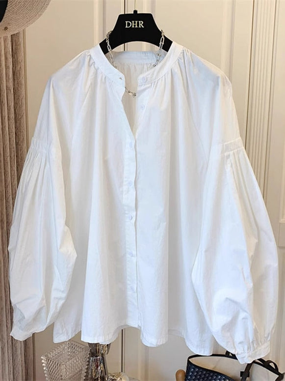 パフスリーブ シャツ チュニック レディース ブラウス 袖ギャザー 白シャツ 長袖 ギャザー トップス シャツブラウス スタンドカラー ボリュームスリーブ ID1400