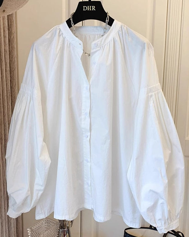 パフスリーブ シャツ チュニック レディース ブラウス 袖ギャザー 白シャツ 長袖 ギャザー トップス シャツブラウス スタンドカラー ボリュームスリーブ ID1400