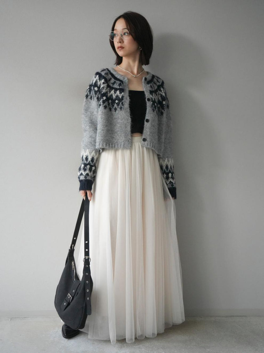 「今だけこの価格」2点セット フェアアイル柄 ニットカーディ チュールロングスカート レディース ふわっと上品 シンプル 大人可愛い 体型カバー 着回し 秋冬新作 ID2246