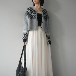 「今だけこの価格」2点セット フェアアイル柄 ニットカーディ チュールロングスカート レディース ふわっと上品 シンプル 大人可愛い 体型カバー 着回し 秋冬新作 ID2246