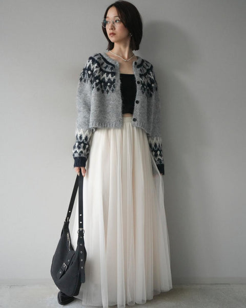 「今だけこの価格」2点セット フェアアイル柄 ニットカーディ チュールロングスカート レディース ふわっと上品 シンプル 大人可愛い 体型カバー 着回し 秋冬新作 ID2246