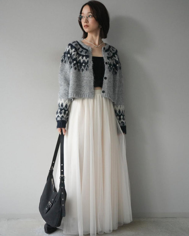 「今だけこの価格」2点セット フェアアイル柄 ニットカーディ チュールロングスカート レディース ふわっと上品 シンプル 大人可愛い 体型カバー 着回し 秋冬新作 ID2246