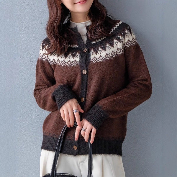 ノルディック柄 ニット カーディガン レディース 丸首 長袖 フロントボタン ゆったり 柔らかい かわいい 秋冬 新作 ID2152