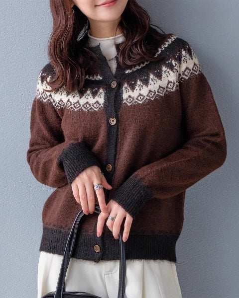 ノルディック柄 ニット カーディガン レディース 丸首 長袖 フロントボタン ゆったり 柔らかい かわいい 秋冬 新作 ID2152