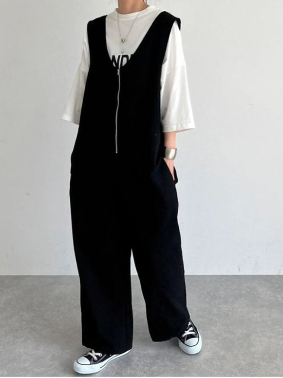 【フロントジップ】無地 Vネック ファスナー ポケット オールインワン サロペット レディース 定番 おすすめ おしゃれ 大人カジュアル 2025秋冬 ID1375