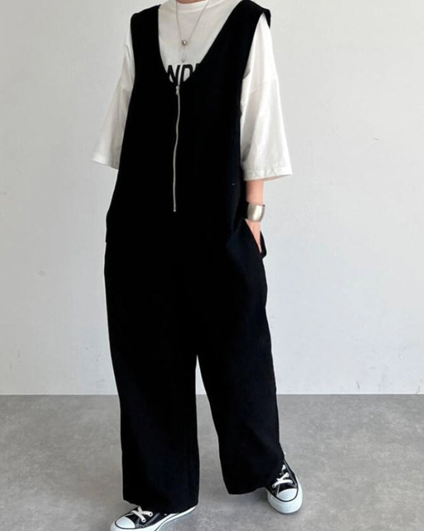 【フロントジップ】無地 Vネック ファスナー ポケット オールインワン サロペット レディース 定番 おすすめ おしゃれ 大人カジュアル 2025秋冬 ID1375