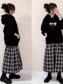 【2点セット】パーカー+スカート セットアップ チェック柄 アルファベット トップス レディース カジュアル ファッション ID1680