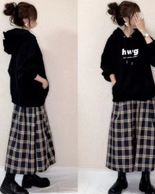 【2点セット】パーカー+スカート セットアップ チェック柄 アルファベット トップス レディース カジュアル ファッション ID1680