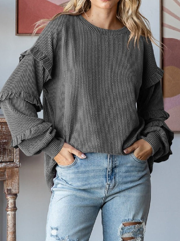 長袖 ニット プルオーバー レディース クルーネック 灯籠袖 フリルスリーブ 体型カバー カジュアル シンプル フェミニン おしゃれ 秋冬新作 ID1721