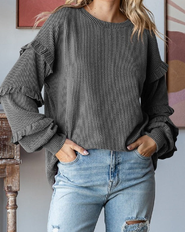 長袖 ニット プルオーバー レディース クルーネック 灯籠袖 フリルスリーブ 体型カバー カジュアル シンプル フェミニン おしゃれ 秋冬新作 ID1721