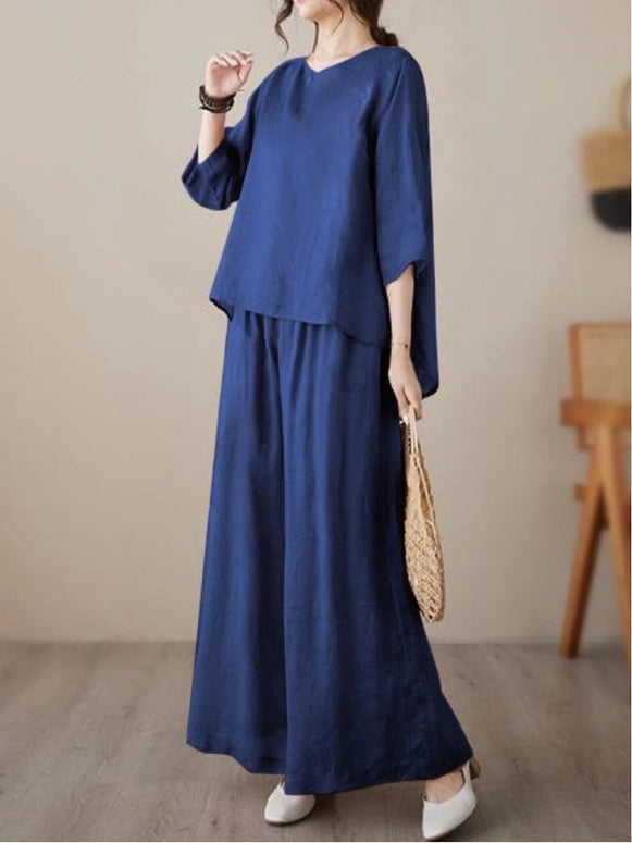 6色展開 綿麻 セットアップ レディース 無地 七分袖 トップス ワイドパンツ ゆったり 体型カバー カジュアル おしゃれ 春夏秋 ID1449