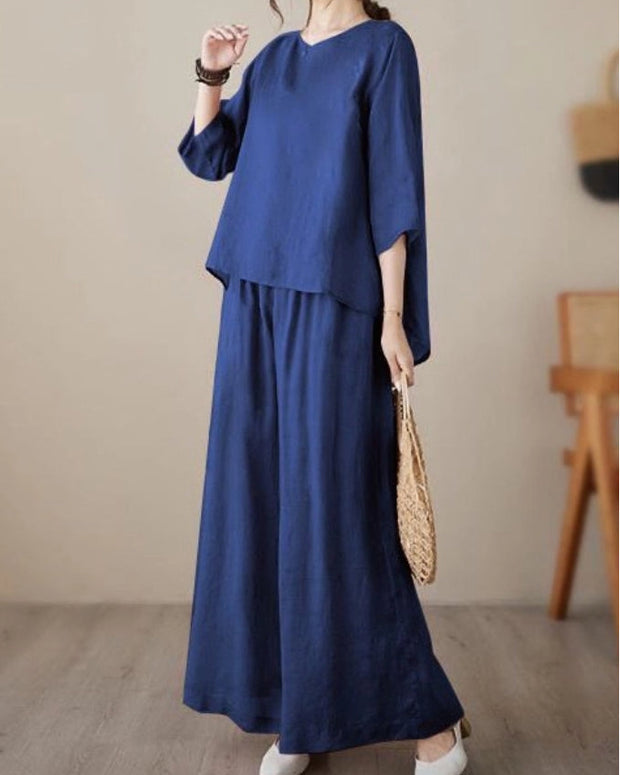 6色展開 綿麻 セットアップ レディース 無地 七分袖 トップス ワイドパンツ ゆったり 体型カバー カジュアル おしゃれ 春夏秋 ID1449