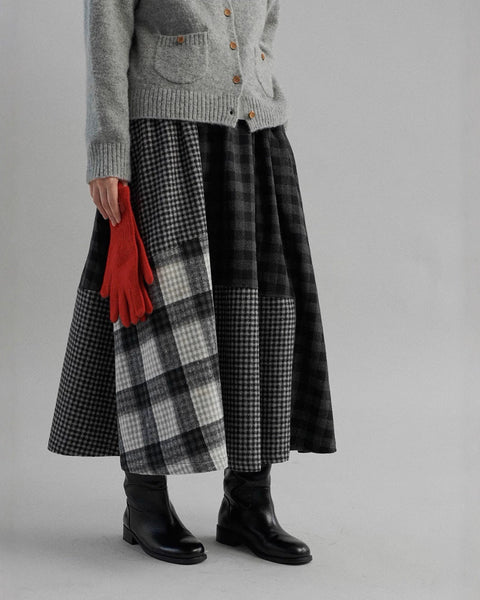 チェック柄 ロングスカート レディース ウールタッチ 起毛素材 パッチワーク風 フレアスカート 体型カバー 大人可愛い 秋冬 通勤 通学 カジュアル フェミニン ID1804