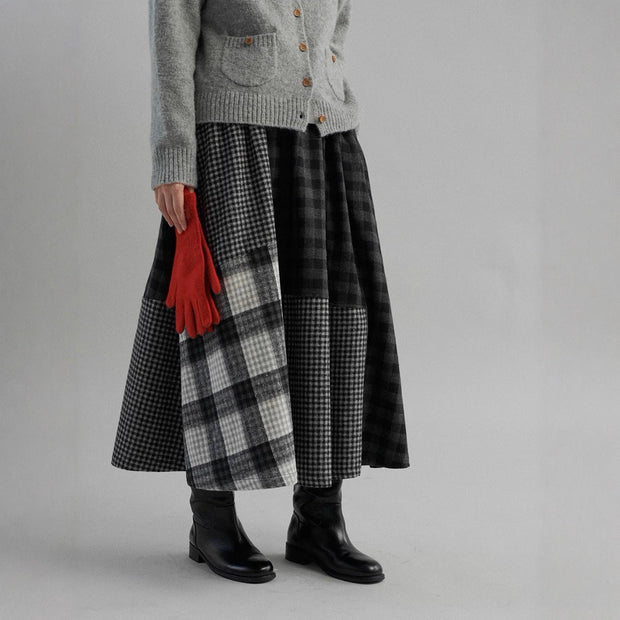 チェック柄 ロングスカート レディース ウールタッチ 起毛素材 パッチワーク風 フレアスカート 体型カバー 大人可愛い 秋冬 通勤 通学 カジュアル フェミニン ID1804