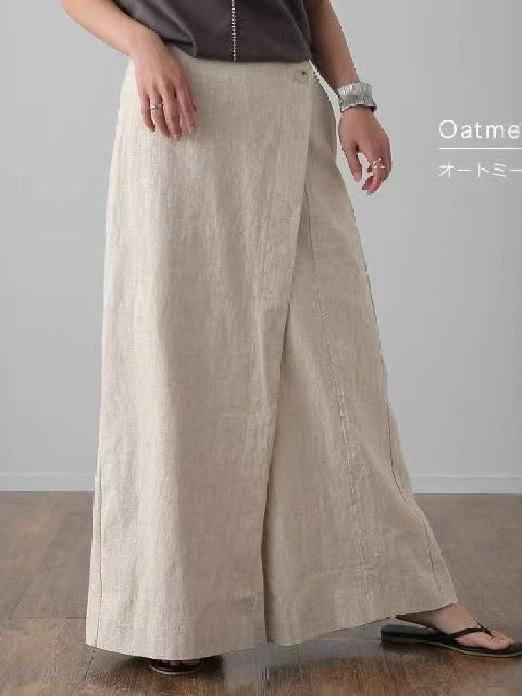 綿麻 スカンツ レディース ワイドパンツ ガウチョパンツ ロング丈 体型カバー ゆったり 楽ちん ウエストゴム 大人カジュアル 通勤 通学 春夏秋 人気 おしゃれ ボトムス ID1763