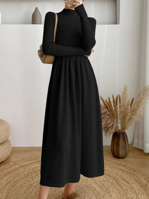 ニット ワンピース 異素材切り替え 長袖 ハイネック ロング丈 シンプル 上品 きれいめ 体型カバー 通勤 通学 デート 秋冬 新作 人気 レディース ID1967