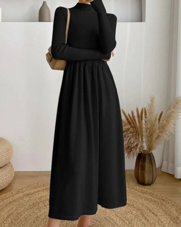 ニット ワンピース 異素材切り替え 長袖 ハイネック ロング丈 シンプル 上品 きれいめ 体型カバー 通勤 通学 デート 秋冬 新作 人気 レディース ID1967