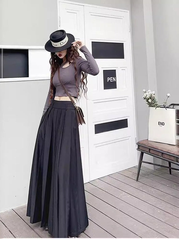 百褶スカート 大きめフレア ロングスカート レディース 体型カバー ハイウエスト カジュアル エレガント 通勤 オフィス お出かけ 春夏秋 冬 全シーズン対応 ID1326