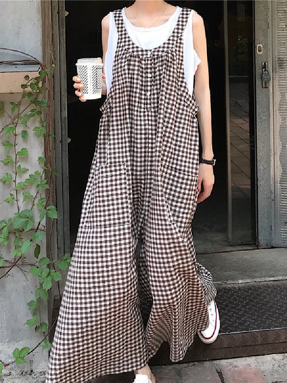 2色展開 ゆったりシルエット オールインワン サロペット ワイドパンツ レディース チェック柄 ポケット付き 体型カバー 春夏秋 ID1126
