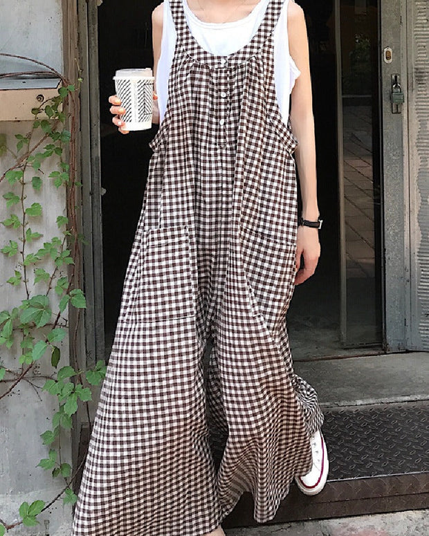 2色展開 ゆったりシルエット オールインワン サロペット ワイドパンツ レディース チェック柄 ポケット付き 体型カバー 春夏秋 ID1126
