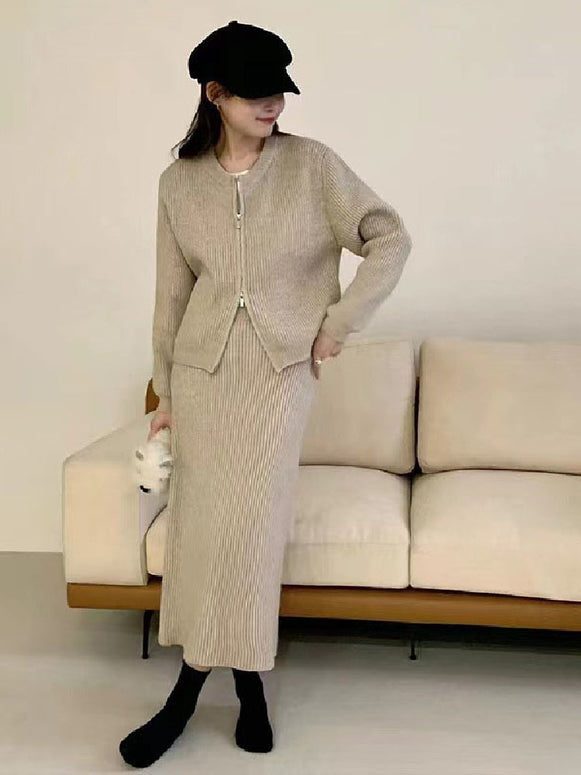 ニットセットアップ レディース 2点セット ジップアップ カーディガン + ロングスカート リブ編み シンプル 無地 上下セット 体型カバー 大人可愛い カジュアル 通勤 通学 お出かけ 秋冬コーデ 韓国風 ファッション ID1670
