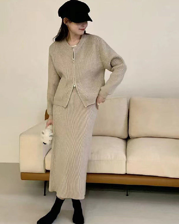 ニットセットアップ レディース 2点セット ジップアップ カーディガン + ロングスカート リブ編み シンプル 無地 上下セット 体型カバー 大人可愛い カジュアル 通勤 通学 お出かけ 秋冬コーデ 韓国風 ファッション ID1670