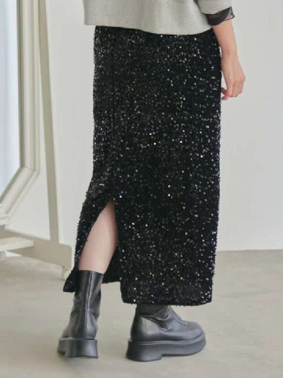 スパンコール スカート レディース ロング丈 タイトスカート バックスリット キラキラ おしゃれ パーティー 大人可愛い エレガント 秋冬 新作 ID2119