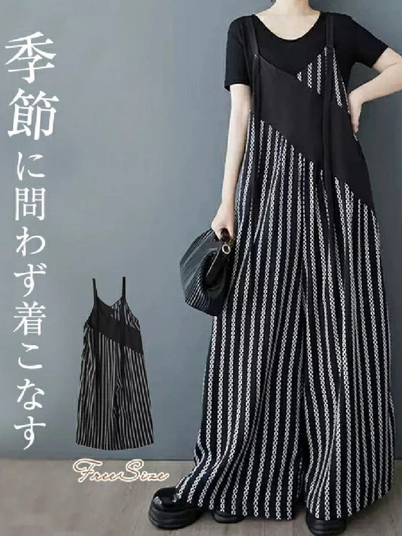 大きいサイズ サロペット 異素材切替 レディース ワイドパンツ ゆったり ストライプ柄 おしゃれ 高見え 体型カバー カジュアル 着回しコーデ 春夏秋 ID1205