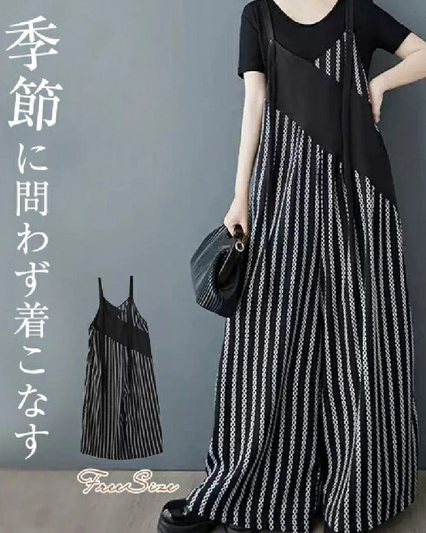 大きいサイズ サロペット 異素材切替 レディース ワイドパンツ ゆったり ストライプ柄 おしゃれ 高見え 体型カバー カジュアル 着回しコーデ 春夏秋 ID1205