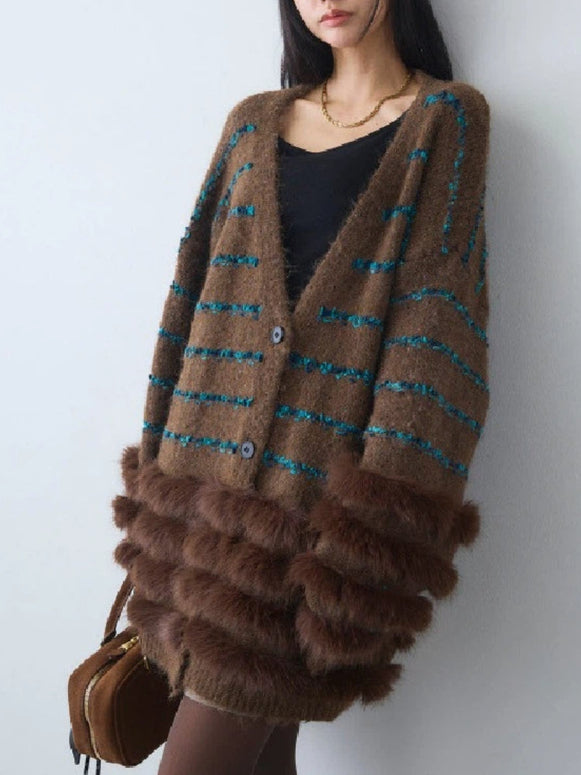 ファー付き ニットカーディガン レディース ボーダー柄 長袖 Vネック ゆったり シンプル 大人可愛い エレガント 上品 体型カバー 秋冬 新作 ID1986