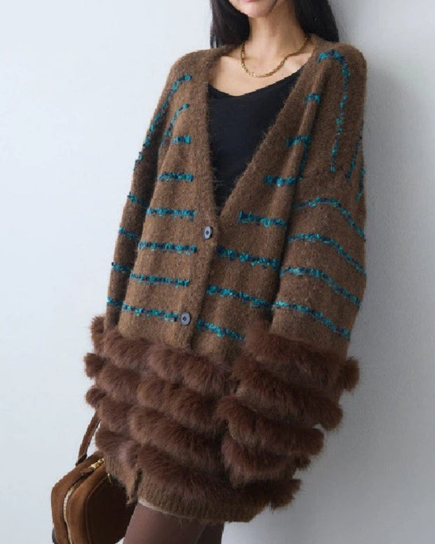 ファー付き ニットカーディガン レディース ボーダー柄 長袖 Vネック ゆったり シンプル 大人可愛い エレガント 上品 体型カバー 秋冬 新作 ID1986