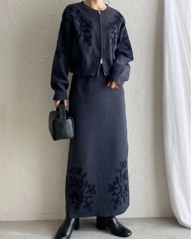 3色展開 セットアップ レディース 手工盤花 ニットカーディガン＋ロングスカート 2点セット 長袖 フェミニン エレガント おしゃれ 体型カバー デイリー 通勤 春秋冬 ID1444