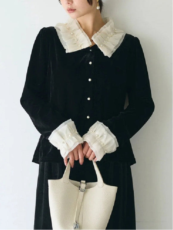 ベロア ブラウス レディース パールボタン フリル襟 長袖 上品 エレガント フェミニン おしゃれ トップス 秋冬新作 通勤 デートコーデ ID1841