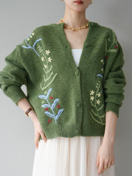 刺繍 カーディガン レディース ニット 羽織り ゆったり シンプル かわいい 花柄 デザイン 体型カバー おしゃれ カジュアル 秋冬 新作 ID1981