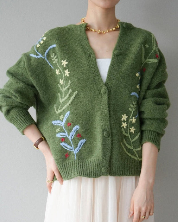 刺繍 カーディガン レディース ニット 羽織り ゆったり シンプル かわいい 花柄 デザイン 体型カバー おしゃれ カジュアル 秋冬 新作 ID1981