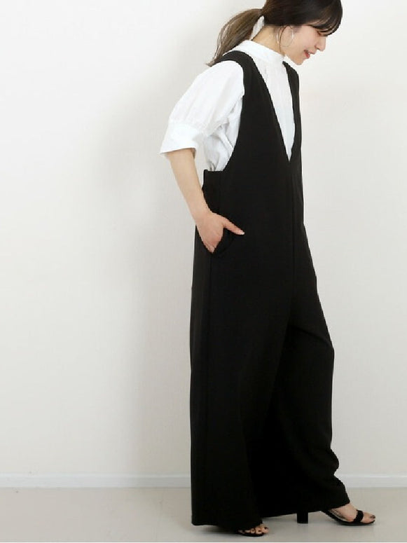 ダブルクロス深Vサロペット レディース Vネック オールインワン ワイドパンツ ゆったり 体型カバー カジュアル 通勤 お出かけ 春夏秋新作 ID1318