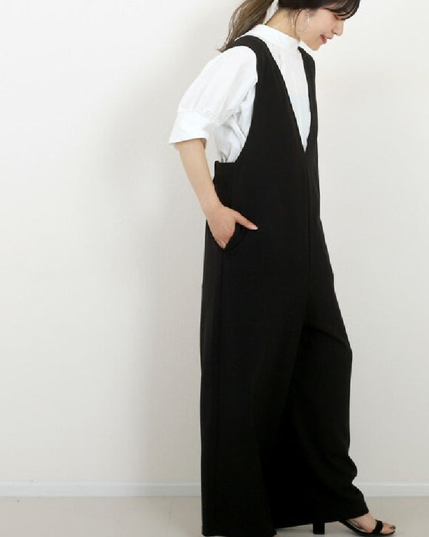 ダブルクロス深Vサロペット レディース Vネック オールインワン ワイドパンツ ゆったり 体型カバー カジュアル 通勤 お出かけ 春夏秋新作 ID1318