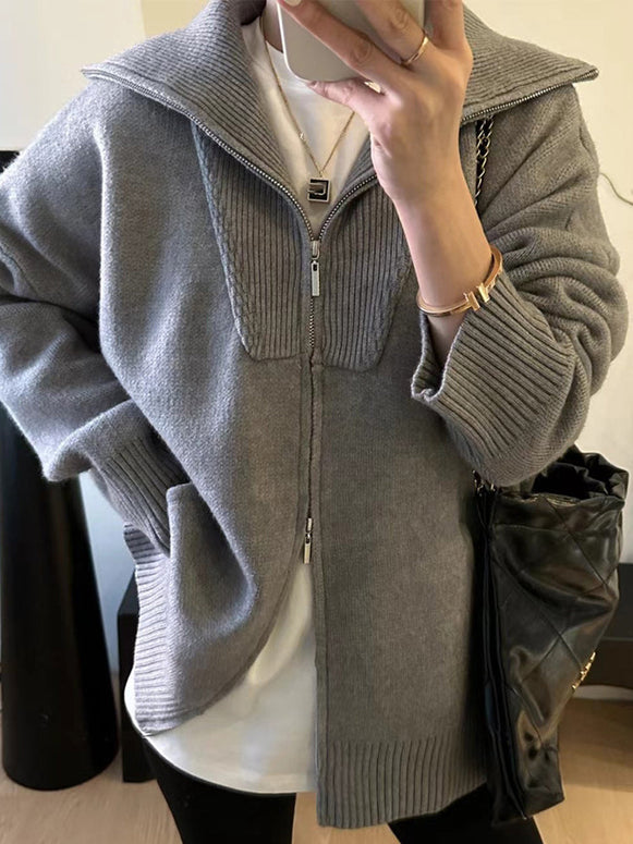 4色展開 ニットカーディガン 秋冬 厚手 ダブルジップ ビッグカラー セーター 羽織り ゆったり 長袖 防寒 暖かい おしゃれ カジュアル 大人女子 トップス レディース ID1699