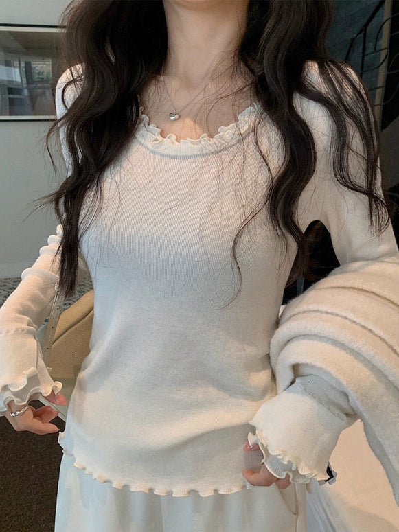フリルネック 可愛い ニットインナー レディース 長袖 伸縮性 良い シンプル 着回し やわらかい ベーシック トップス 秋冬 ID2274