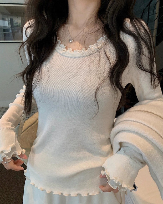 フリルネック 可愛い ニットインナー レディース 長袖 伸縮性 良い シンプル 着回し やわらかい ベーシック トップス 秋冬 ID2274