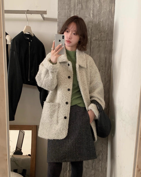 ゆったり ショートコート レディース アウター 秋冬 フェミニン 暖かい 体型カバー 大人カジュアル シンプル ID2276