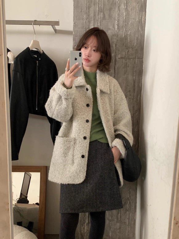 ゆったり ショートコート レディース アウター 秋冬 フェミニン 暖かい 体型カバー 大人カジュアル シンプル ID2276