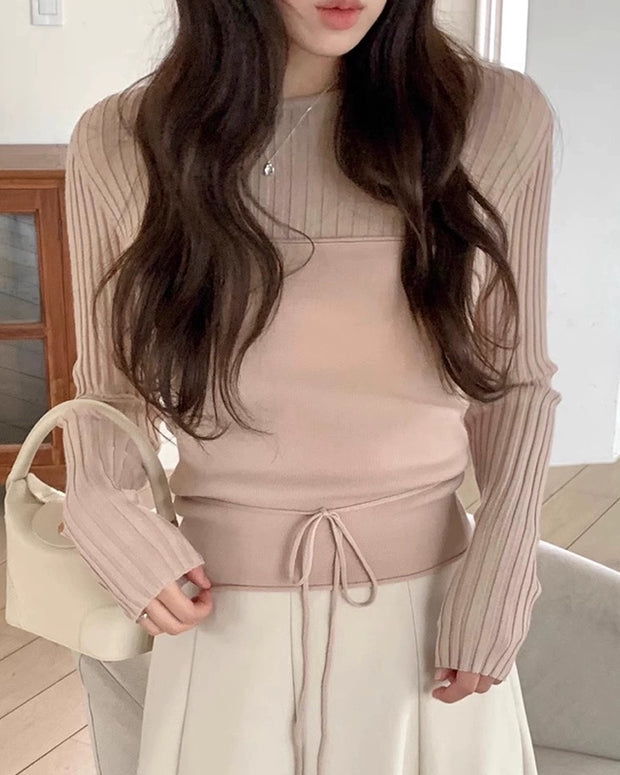 リブニット トップス レディース 細見え ウエストマーク 長袖 きれいめ 体型カバー インナーにも最適 秋冬 カジュアル 通勤コーデ ベーシック おしゃれ 上品 シンプル ID2208