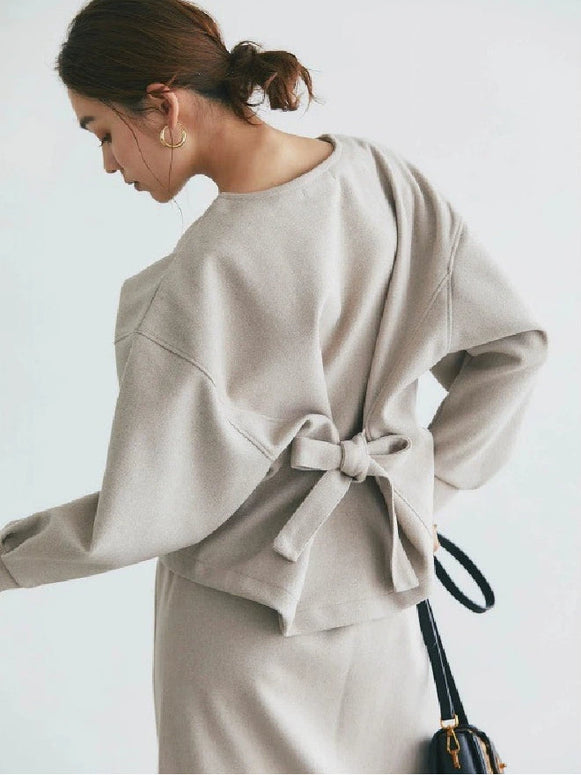 2点セット 毛混 リボンバックトップス ＋ スリット入りタイトスカート レディース セットアップ きれいめ 上品 通勤 体型カバー ゆったり シンプル フェミニン 秋冬 新作 ID2016