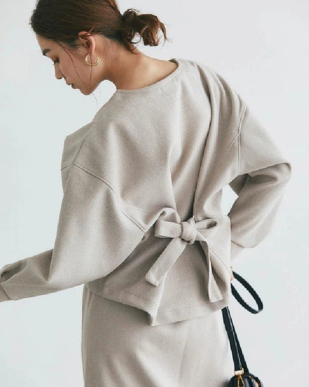 2点セット 毛混 リボンバックトップス ＋ スリット入りタイトスカート レディース セットアップ きれいめ 上品 通勤 体型カバー ゆったり シンプル フェミニン 秋冬 新作 ID2016