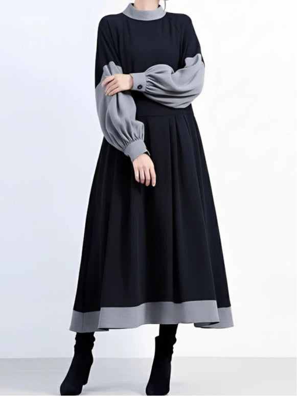 異素材切り替え ワンピース レディース ロング丈 Aライン ハイネック 長袖 きれいめ 上品 エレガント 体型カバー 大人可愛い 通勤 デート 秋冬 新作 ID1983