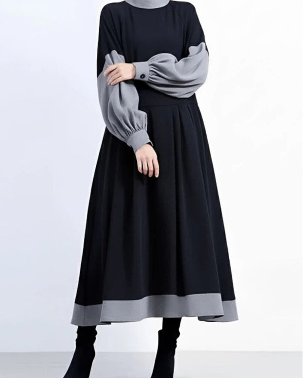 異素材切り替え ワンピース レディース ロング丈 Aライン ハイネック 長袖 きれいめ 上品 エレガント 体型カバー 大人可愛い 通勤 デート 秋冬 新作 ID1983