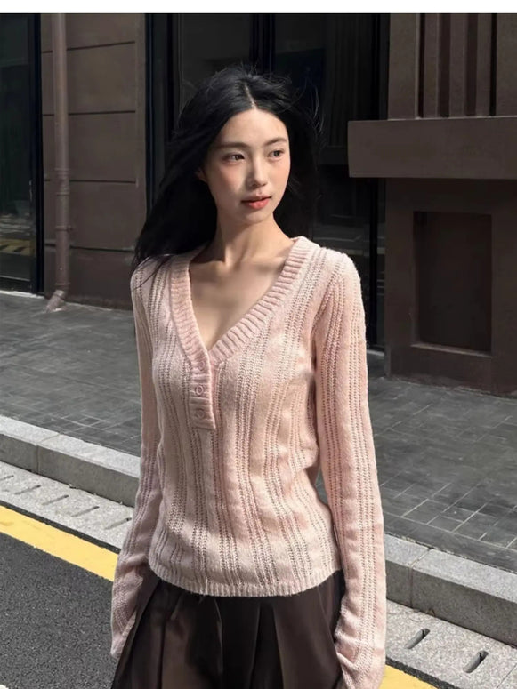 Vネック リブニット レディース 長袖 無地 スリムフィット シンプル インナー トップス きれいめ フェミニン 秋冬 新作 ID2164